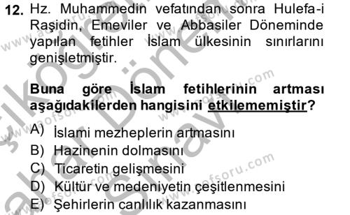 İslam Tarihi ve Medeniyeti 2 Dersi 2013 - 2014 Yılı (Final) Dönem Sonu Sınavı 12. Soru