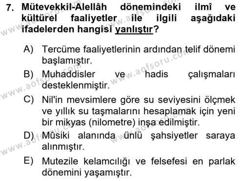 İslam Tarihi ve Medeniyeti 2 Dersi 2018 - 2019 Yılı (Vize) Ara Sınavı 7. Soru