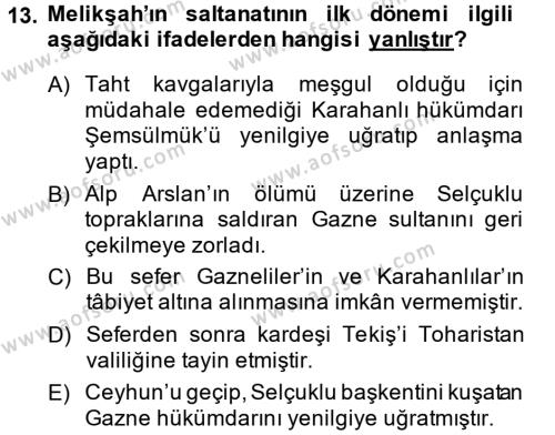 Büyük Selçuklu Tarihi Dersi 2013 - 2014 Yılı (Vize) Ara Sınavı 13. Soru