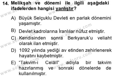 Büyük Selçuklu Tarihi Dersi 2013 - 2014 Yılı (Vize) Ara Sınavı 14. Soru