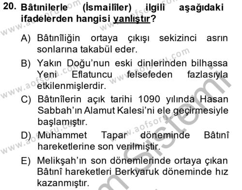 Büyük Selçuklu Tarihi Dersi 2014 - 2015 Yılı (Vize) Ara Sınavı 20. Soru