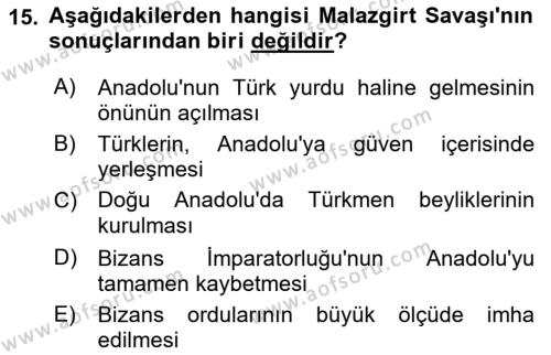 Büyük Selçuklu Tarihi Dersi 2017 - 2018 Yılı (Vize) Ara Sınavı 15. Soru