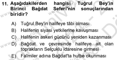 Büyük Selçuklu Tarihi Dersi 2021 - 2022 Yılı (Vize) Ara Sınavı 11. Soru