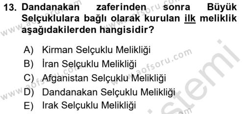 Büyük Selçuklu Tarihi Dersi 2021 - 2022 Yılı (Vize) Ara Sınavı 13. Soru