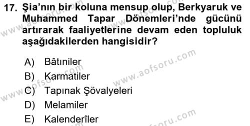 Büyük Selçuklu Tarihi Dersi 2021 - 2022 Yılı (Vize) Ara Sınavı 17. Soru