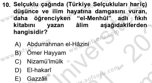 Büyük Selçuklu Tarihi Dersi 2021 - 2022 Yılı (Final) Dönem Sonu Sınavı 10. Soru