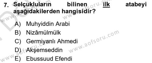 Büyük Selçuklu Tarihi Dersi 2021 - 2022 Yılı (Final) Dönem Sonu Sınavı 7. Soru