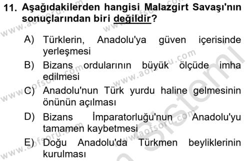 Büyük Selçuklu Tarihi Dersi 2021 - 2022 Yılı Yaz Okulu Sınavı 11. Soru