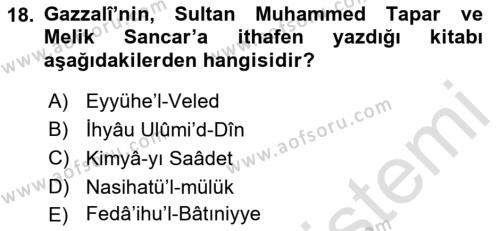 Büyük Selçuklu Tarihi Dersi 2021 - 2022 Yılı Yaz Okulu Sınavı 18. Soru