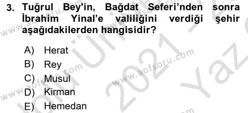 Büyük Selçuklu Tarihi Dersi 2021 - 2022 Yılı Yaz Okulu Sınavı 3. Soru