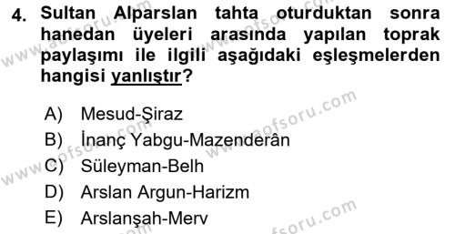 Büyük Selçuklu Tarihi Dersi 2021 - 2022 Yılı Yaz Okulu Sınavı 4. Soru