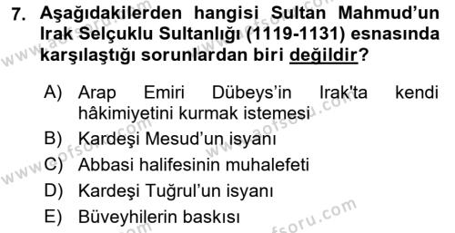 Büyük Selçuklu Tarihi Dersi 2021 - 2022 Yılı Yaz Okulu Sınavı 7. Soru