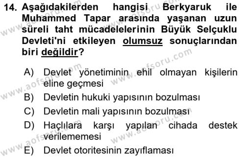 Büyük Selçuklu Tarihi Dersi 2022 - 2023 Yılı Yaz Okulu Sınavı 14. Soru