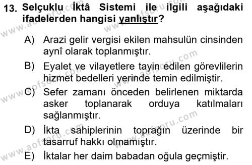 Büyük Selçuklu Tarihi Dersi 2023 - 2024 Yılı (Final) Dönem Sonu Sınavı 13. Soru