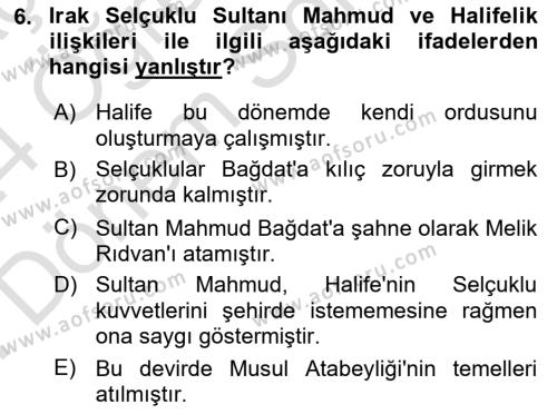 Büyük Selçuklu Tarihi Dersi 2023 - 2024 Yılı (Final) Dönem Sonu Sınavı 6. Soru