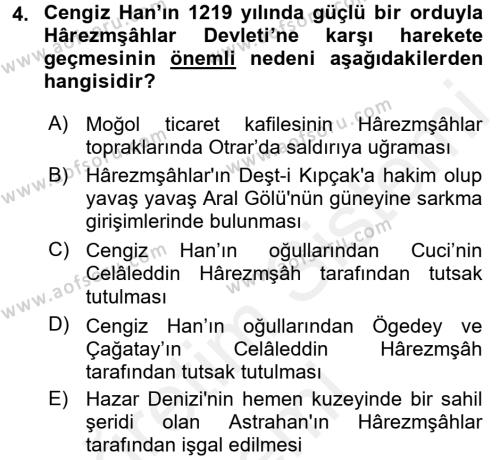 Orta Asya Türk Tarihi Dersi 2017 - 2018 Yılı (Final) Dönem Sonu Sınavı 4. Soru