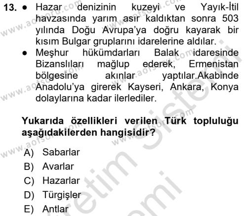 Orta Asya Türk Tarihi Dersi 2023 - 2024 Yılı (Vize) Ara Sınavı 13. Soru