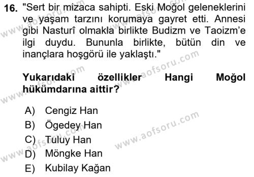 Orta Asya Türk Tarihi Dersi 2023 - 2024 Yılı (Vize) Ara Sınavı 16. Soru