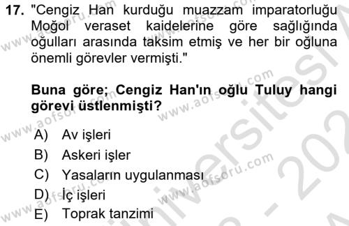 Orta Asya Türk Tarihi Dersi 2023 - 2024 Yılı (Vize) Ara Sınavı 17. Soru