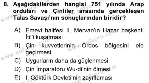 Orta Asya Türk Tarihi Dersi 2023 - 2024 Yılı (Vize) Ara Sınavı 8. Soru