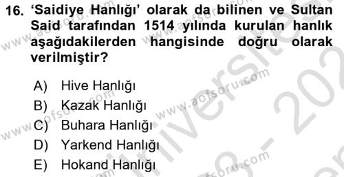 Orta Asya Türk Tarihi Dersi 2023 - 2024 Yılı (Final) Dönem Sonu Sınavı 16. Soru