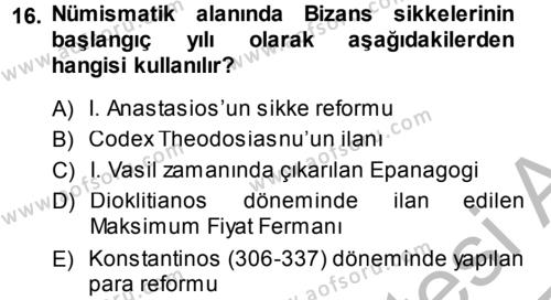 Bizans Tarihi Dersi 2014 - 2015 Yılı (Final) Dönem Sonu Sınavı 16. Soru