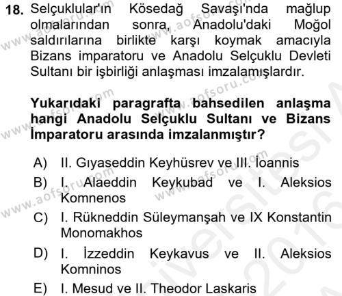 Bizans Tarihi Dersi 2015 - 2016 Yılı (Vize) Ara Sınavı 18. Soru