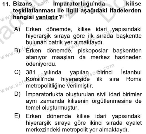 Bizans Tarihi Dersi 2015 - 2016 Yılı (Final) Dönem Sonu Sınavı 11. Soru
