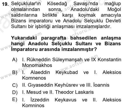 Bizans Tarihi Dersi 2017 - 2018 Yılı (Vize) Ara Sınavı 19. Soru