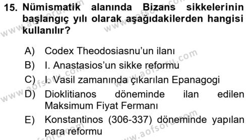 Bizans Tarihi Dersi 2017 - 2018 Yılı (Final) Dönem Sonu Sınavı 15. Soru