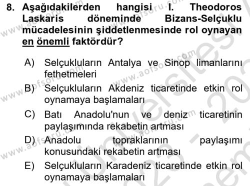 Bizans Tarihi Dersi 2023 - 2024 Yılı (Final) Dönem Sonu Sınavı 8. Soru