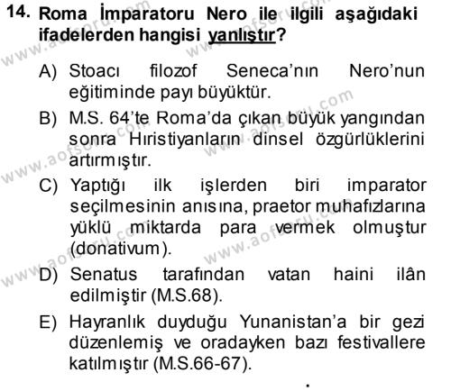 Hellen ve Roma Tarihi Dersi 2013 - 2014 Yılı (Final) Dönem Sonu Sınavı 14. Soru