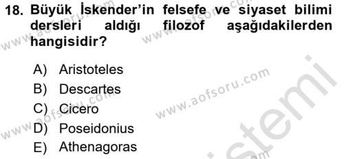 Hellen ve Roma Tarihi Dersi 2019 - 2020 Yılı (Vize) Ara Sınavı 18. Soru