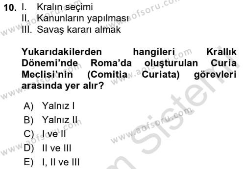 Hellen ve Roma Tarihi Dersi 2020 - 2021 Yılı Yaz Okulu Sınavı 10. Soru