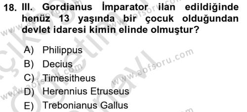 Hellen ve Roma Tarihi Dersi 2020 - 2021 Yılı Yaz Okulu Sınavı 18. Soru