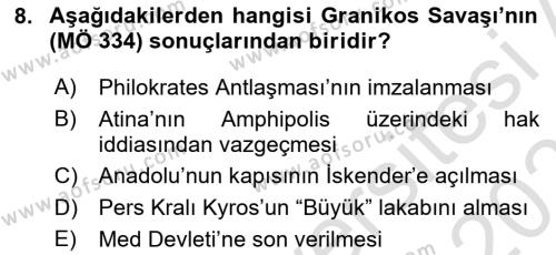 Hellen ve Roma Tarihi Dersi 2020 - 2021 Yılı Yaz Okulu Sınavı 8. Soru