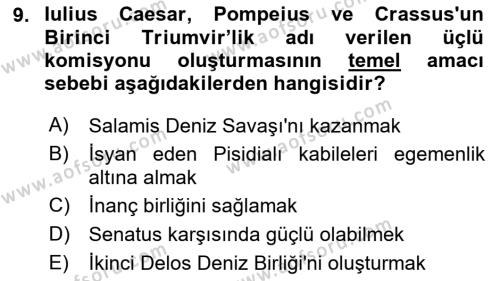 Hellen ve Roma Tarihi Dersi 2020 - 2021 Yılı Yaz Okulu Sınavı 9. Soru