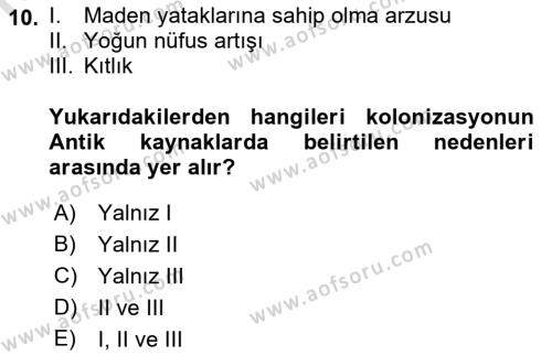 Hellen ve Roma Tarihi Dersi 2021 - 2022 Yılı (Vize) Ara Sınavı 10. Soru