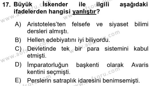 Hellen ve Roma Tarihi Dersi 2021 - 2022 Yılı (Vize) Ara Sınavı 17. Soru