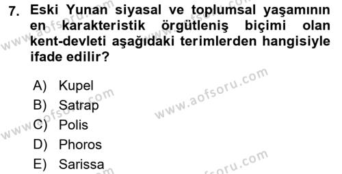 Hellen ve Roma Tarihi Dersi 2021 - 2022 Yılı (Vize) Ara Sınavı 7. Soru