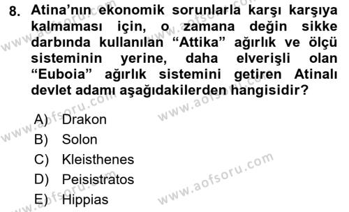 Hellen ve Roma Tarihi Dersi 2021 - 2022 Yılı (Vize) Ara Sınavı 8. Soru