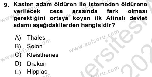 Hellen ve Roma Tarihi Dersi 2021 - 2022 Yılı (Vize) Ara Sınavı 9. Soru