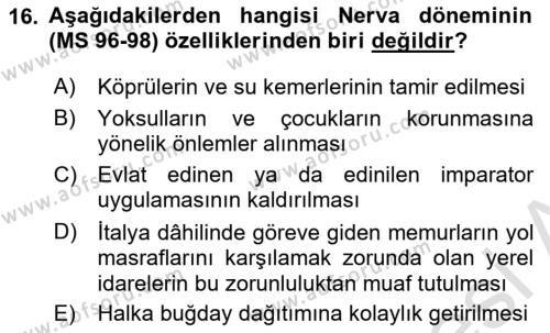 Hellen ve Roma Tarihi Dersi 2021 - 2022 Yılı (Final) Dönem Sonu Sınavı 16. Soru