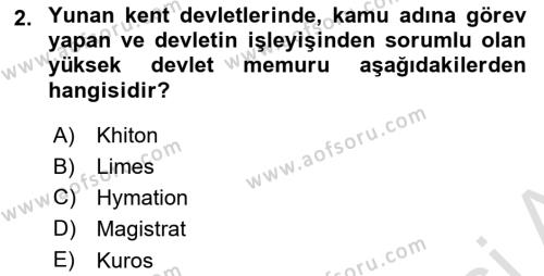 Hellen ve Roma Tarihi Dersi 2021 - 2022 Yılı (Final) Dönem Sonu Sınavı 2. Soru