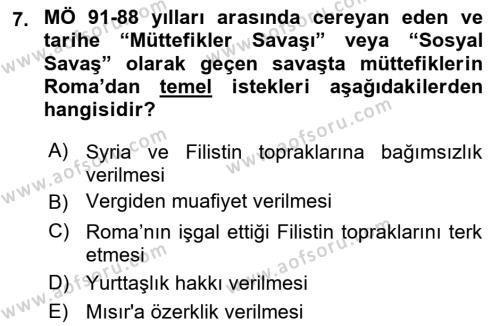 Hellen ve Roma Tarihi Dersi 2021 - 2022 Yılı (Final) Dönem Sonu Sınavı 7. Soru