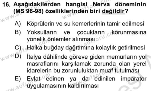 Hellen ve Roma Tarihi Dersi 2021 - 2022 Yılı Yaz Okulu Sınavı 16. Soru