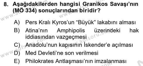 Hellen ve Roma Tarihi Dersi 2021 - 2022 Yılı Yaz Okulu Sınavı 8. Soru