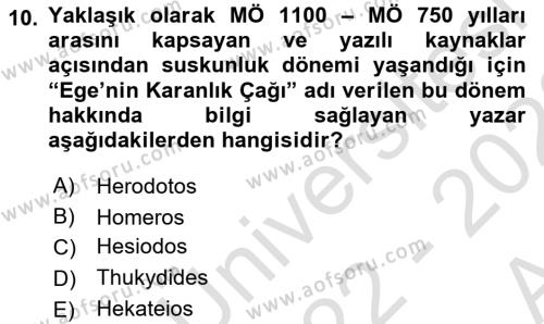 Hellen ve Roma Tarihi Dersi 2022 - 2023 Yılı (Vize) Ara Sınavı 10. Soru