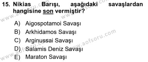 Hellen ve Roma Tarihi Dersi 2022 - 2023 Yılı (Vize) Ara Sınavı 15. Soru