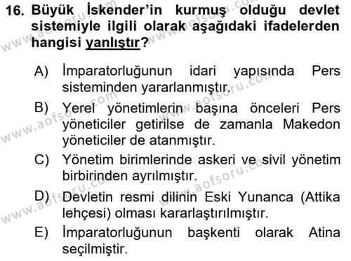 Hellen ve Roma Tarihi Dersi 2022 - 2023 Yılı (Vize) Ara Sınavı 16. Soru